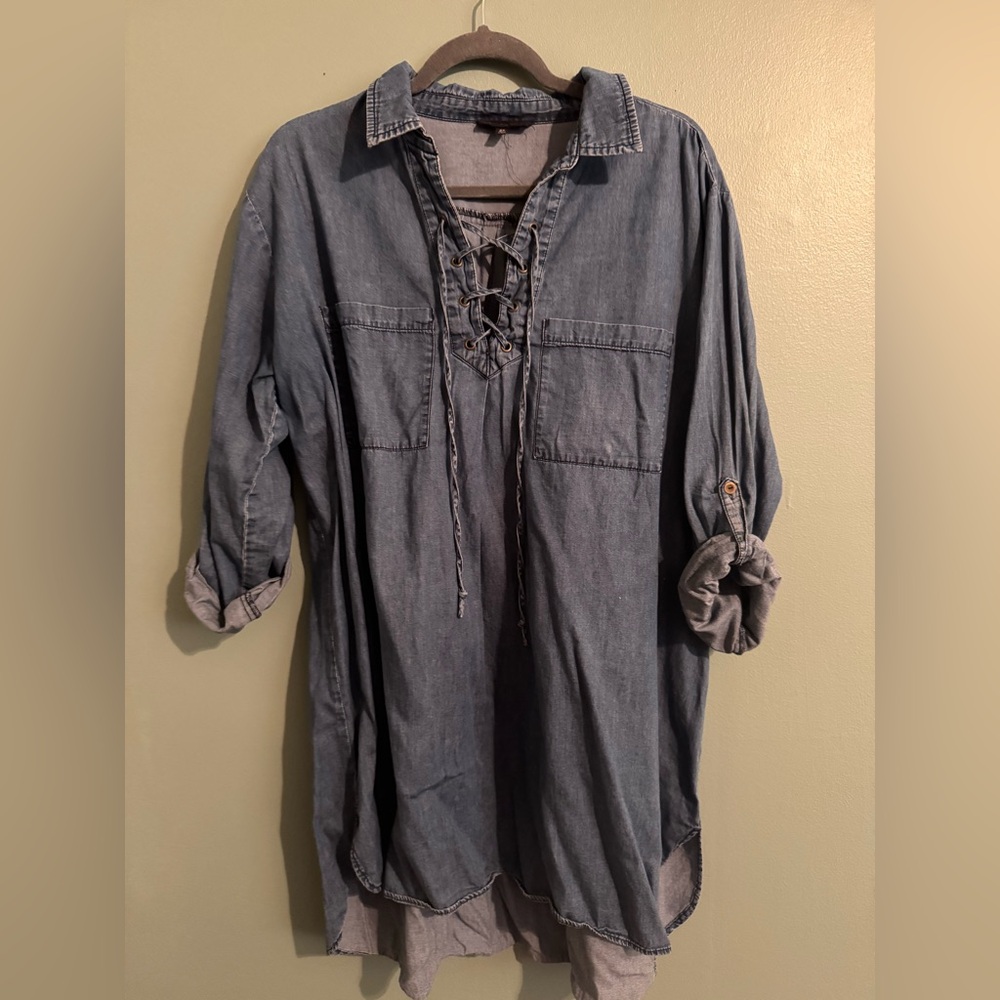En Creme Blue Lace-Up Shirt dress 2x 100% cotton